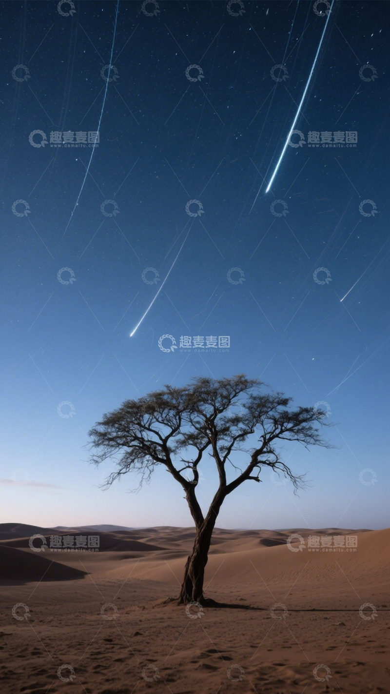 高清大图下载【趣麦麦图】沙漠孤树星轨夜景1