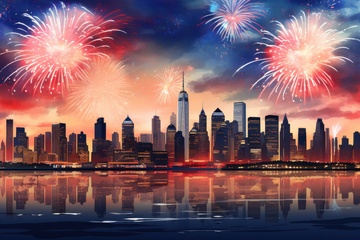 手绘城市烟花夜景