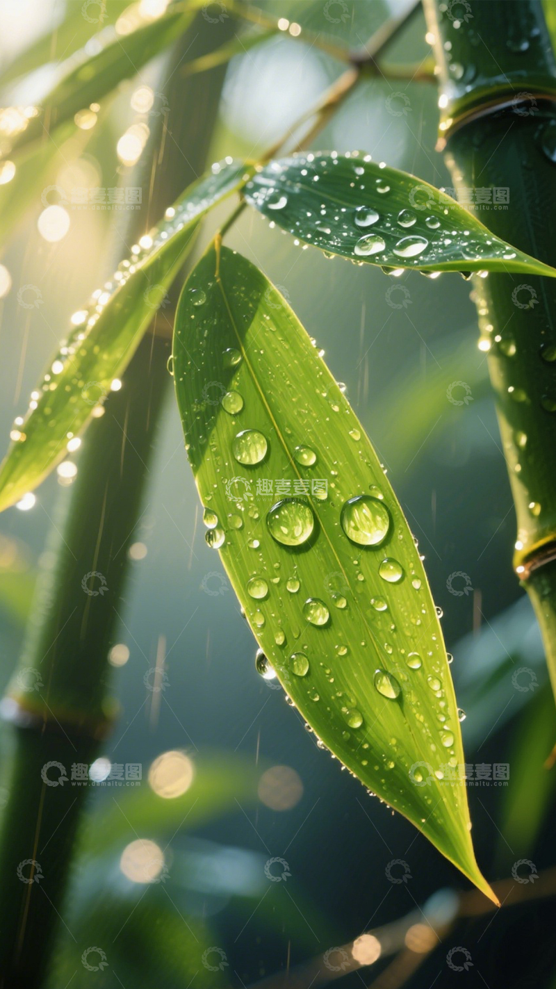 高清大图下载【趣麦麦图】竹叶水滴绿色清新韵1