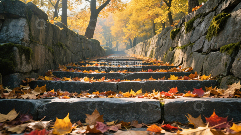 高清大图下载【趣麦麦图】秋叶石阶金黄秋意2