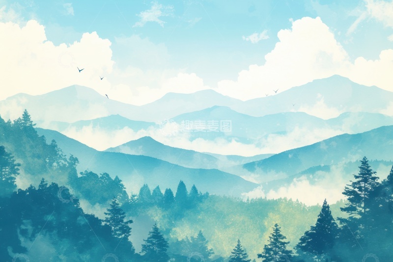 高清大图下载【趣麦麦图】水彩手绘远山背景