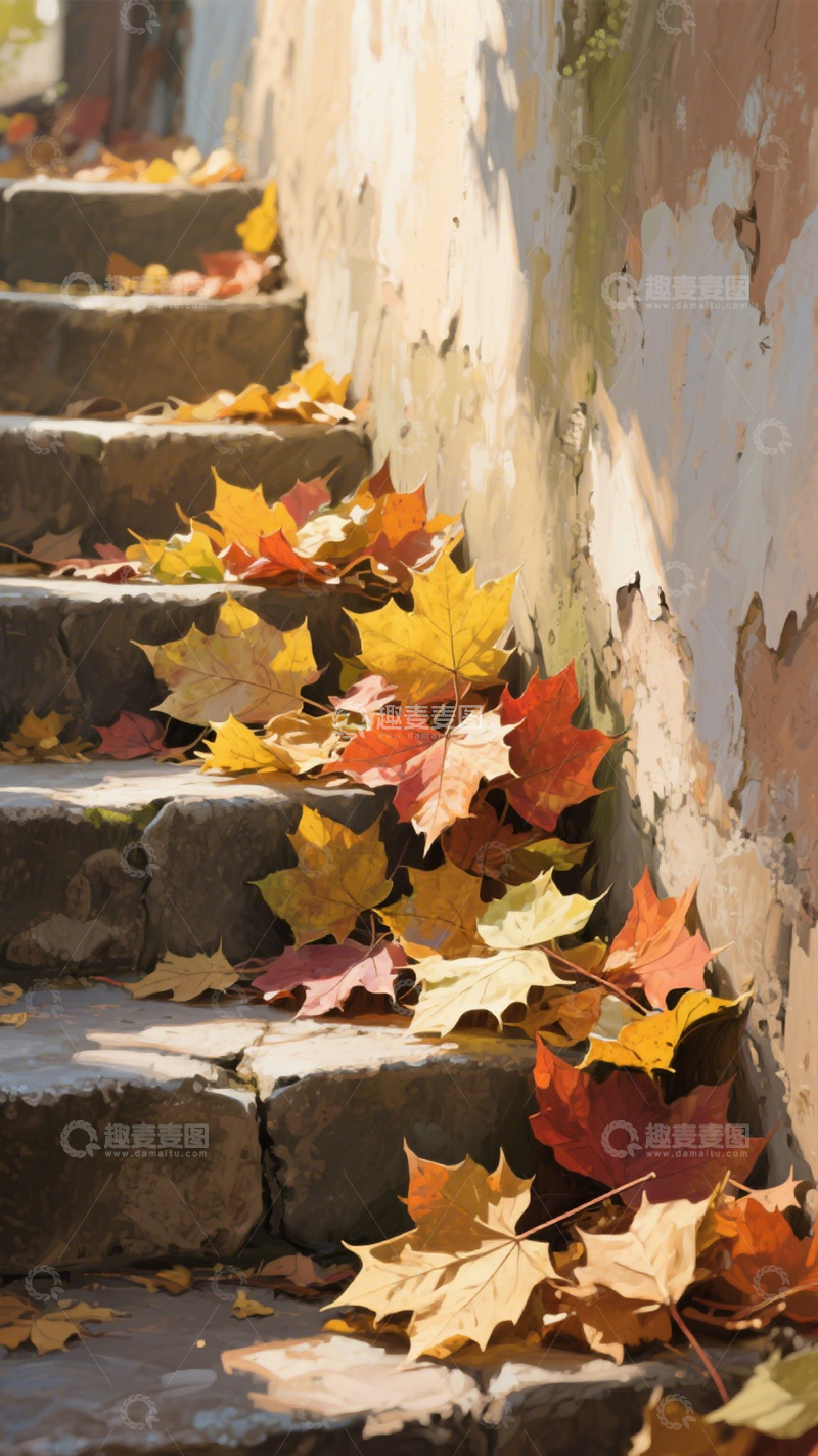 高清大图下载【趣麦麦图】秋叶石阶金黄秋意4