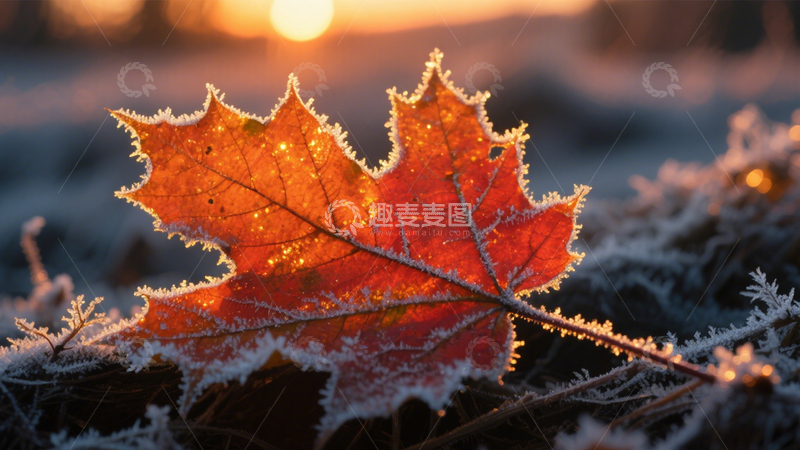 高清大图下载【趣麦麦图】霜叶枫叶冰晶冬日景1