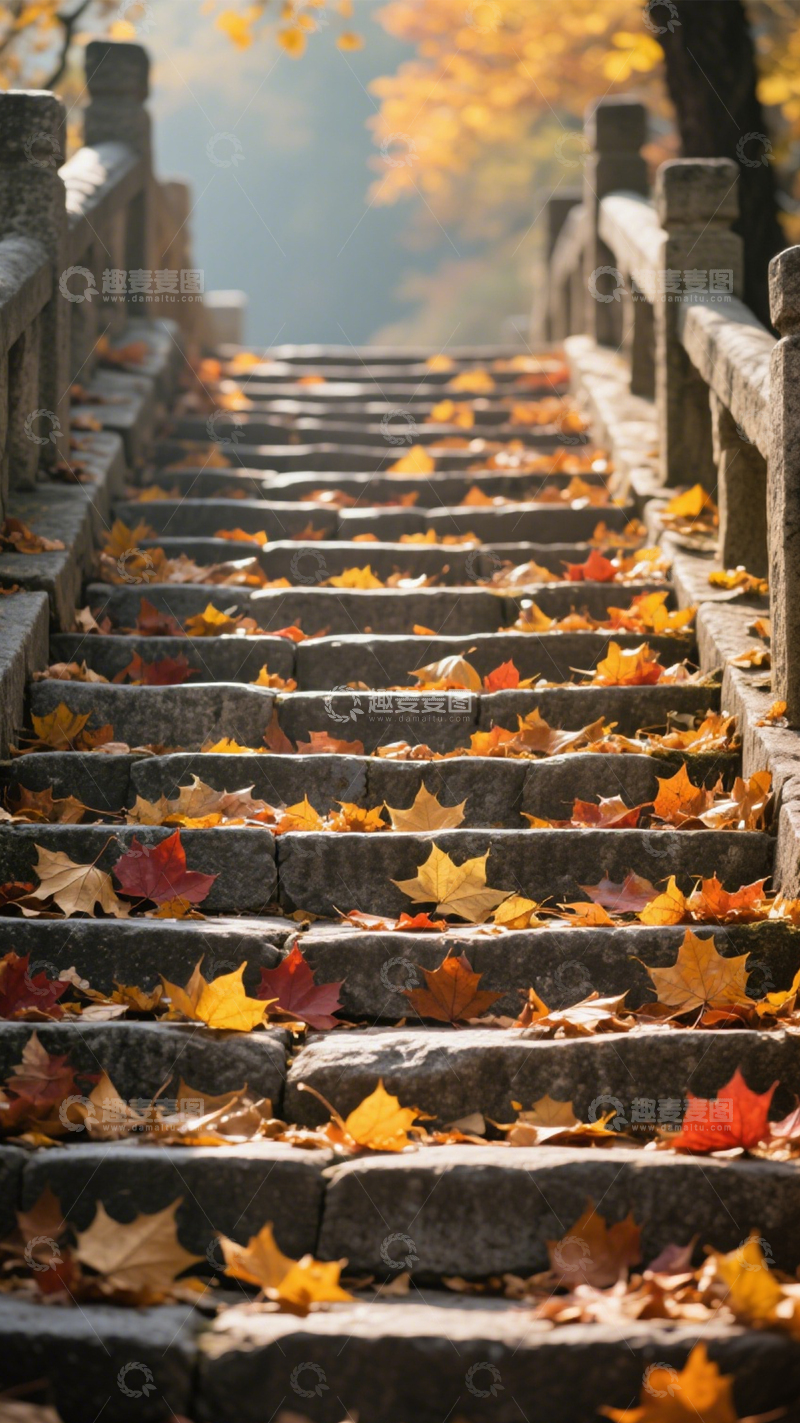 高清大图下载【趣麦麦图】秋叶石阶金黄秋意1