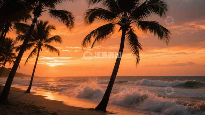 高清大图下载【趣麦麦图】月夜海滩椰树静谧景