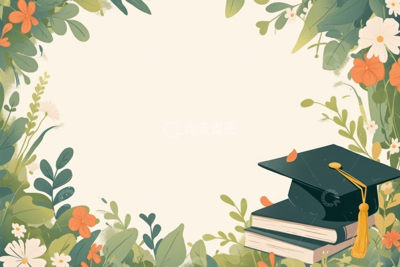 高清大图下载【趣麦麦图】手绘简约花草书籍学士帽