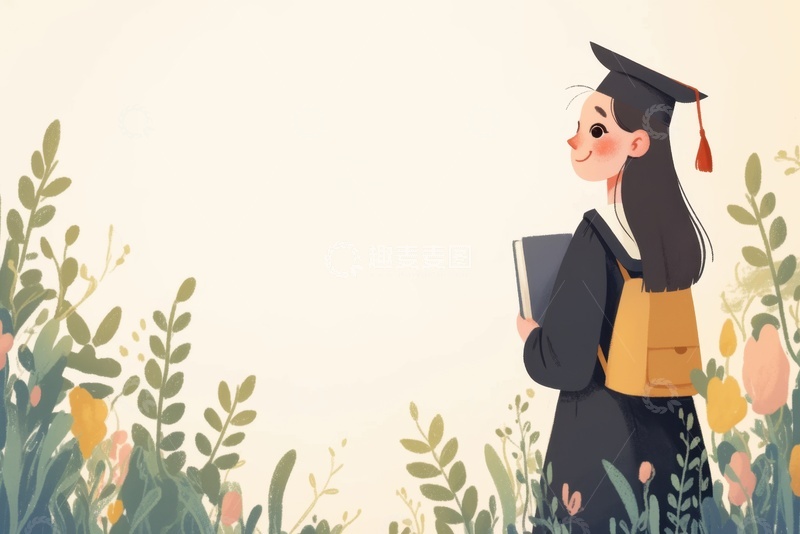高清大图下载【趣麦麦图】卡通简约花丛中的毕业生