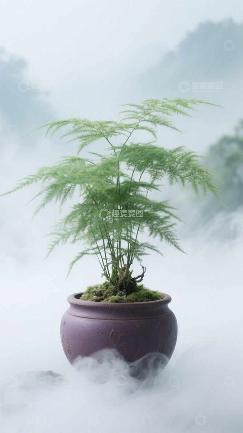 高清大图下载【趣麦麦图】雾中诗意文竹盆1