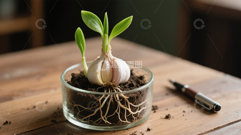 高清大图下载【趣麦麦图】发芽蒜的根系1