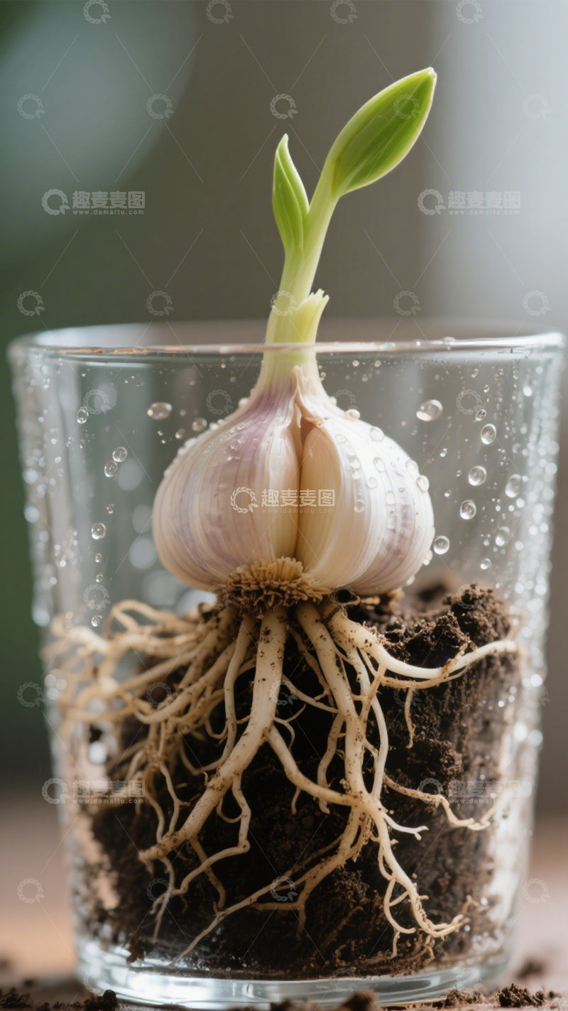 高清大图下载【趣麦麦图】发芽蒜的根系1