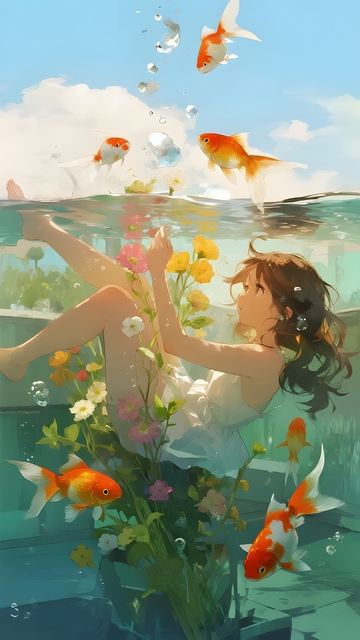 水下花漾金鱼与少女