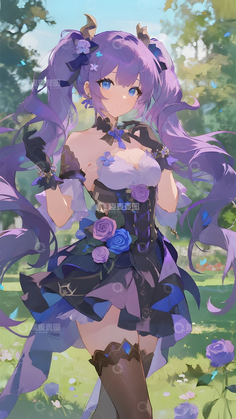 高清大图下载【趣麦麦图】紫发少女的花园小憩