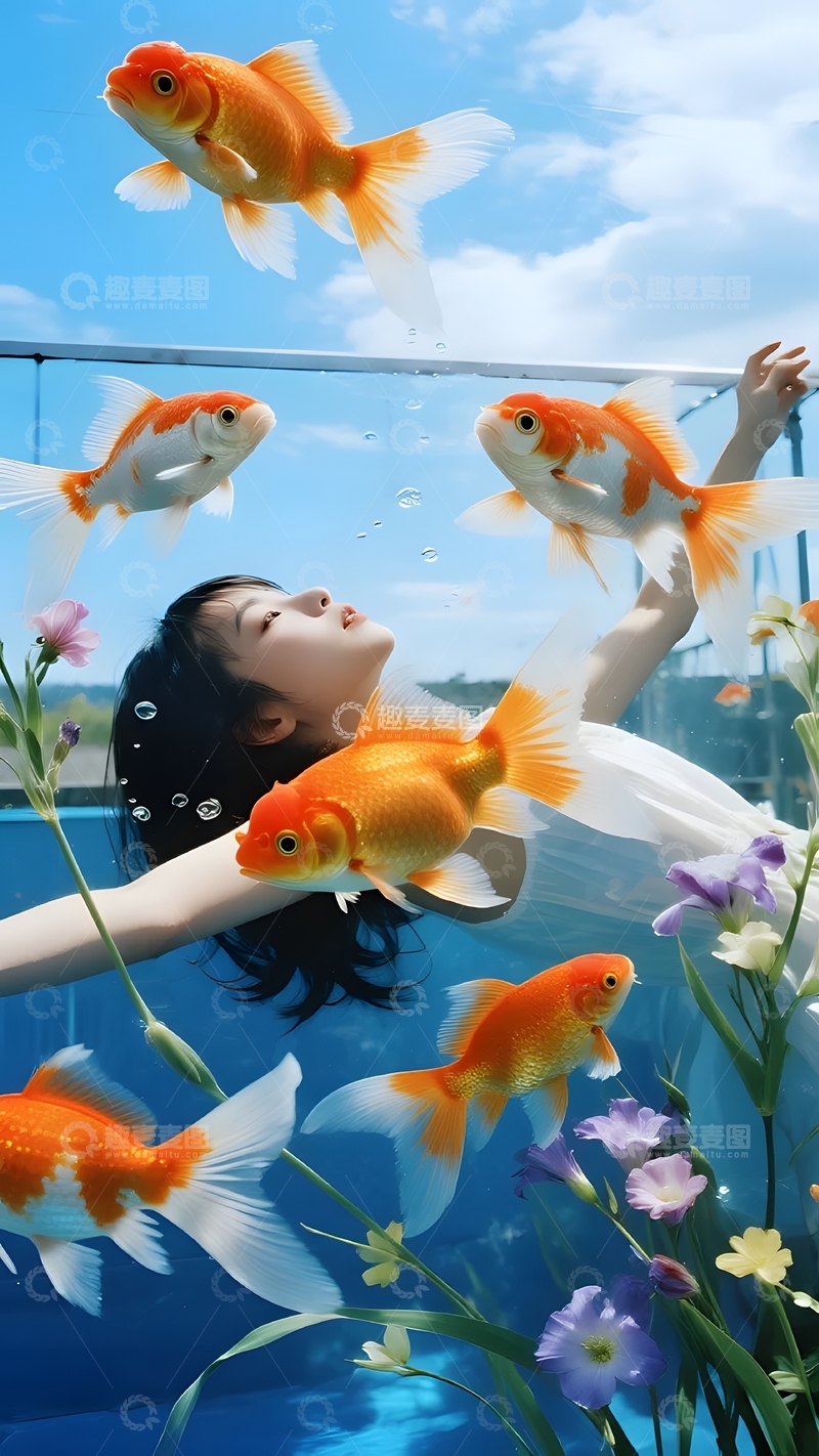 高清大图下载【趣麦麦图】水下花漾金鱼与少女3