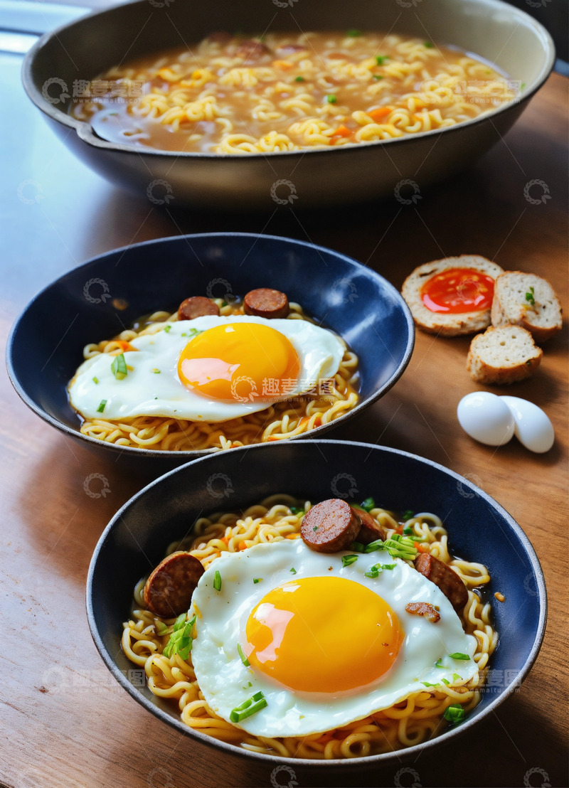 高清大图下载【趣麦麦图】流黄煎蛋香肠方便面逼真便餐AI插画素材