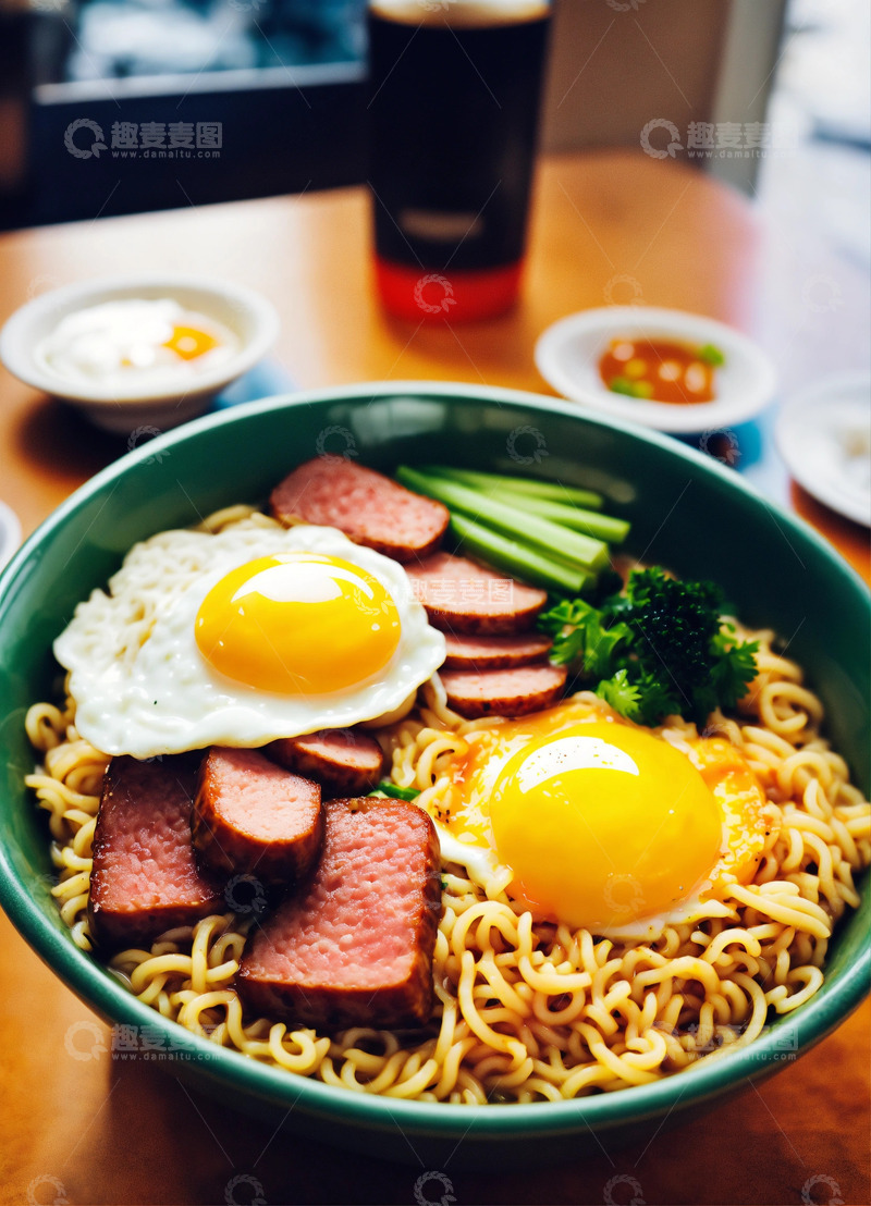 高清大图下载【趣麦麦图】泡面溏心蛋午餐肉美食摄影AI插画背景素材2