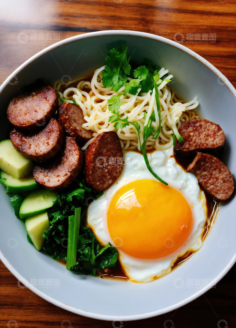 高清大图下载【趣麦麦图】流黄煎蛋香肠方便面逼真便餐AI插画素材3