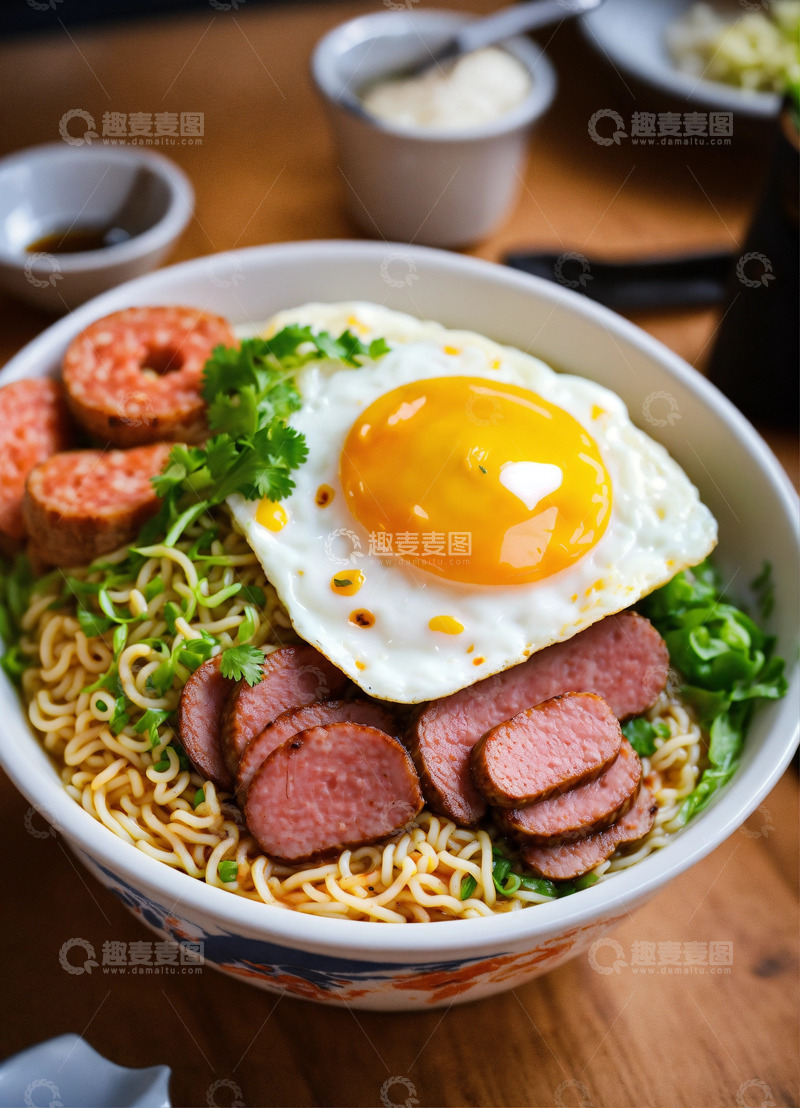 高清大图下载【趣麦麦图】泡面溏心蛋午餐肉美食摄影AI插画背景素材