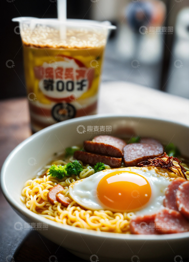 高清大图下载【趣麦麦图】泡面溏心蛋午餐肉美食摄影AI插画背景素材1