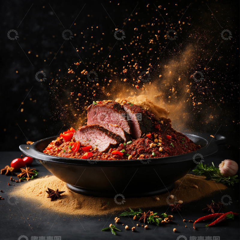 高清大图下载【趣麦麦图】香料雪花肉黑底留白AI插画海报背景素材1