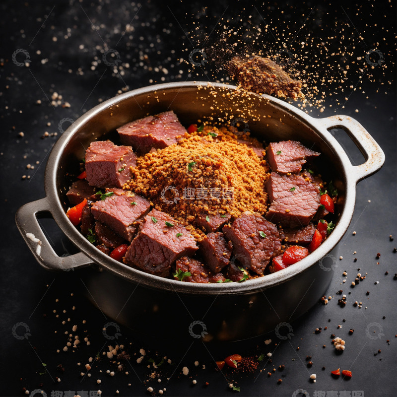 高清大图下载【趣麦麦图】香料雪花肉黑底留白AI插画海报背景素材