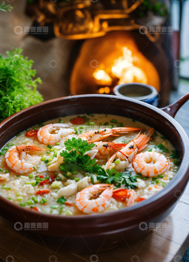 高清大图下载【趣麦麦图】海鲜粥虾蟹贝葱花香菜胡椒姜AI插画素材2