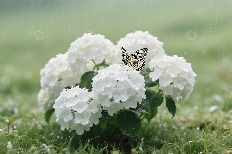 高清大图下载【趣麦麦图】春夏季节雨后绣球花丛静物特写 