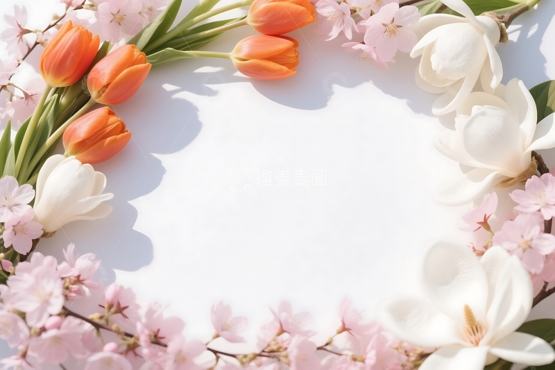 春季花卉边框，独立于白色背景 