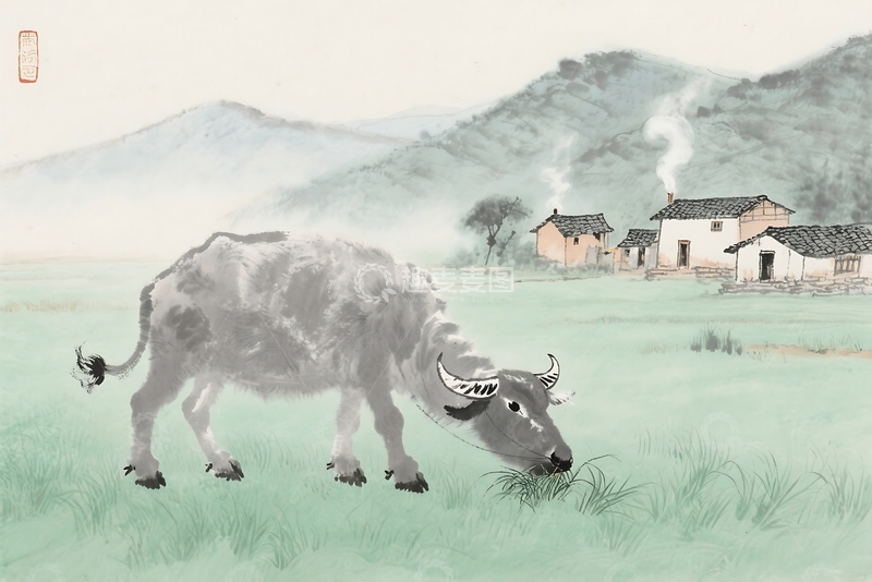 高清大图下载【趣麦麦图】春季水墨山水水墨牛节气背景插画 