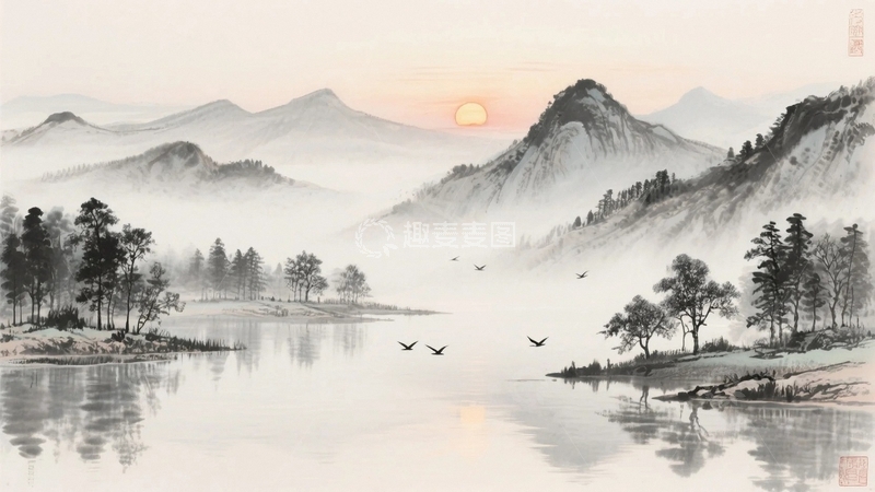 高清大图下载【趣麦麦图】水墨画国潮山水背景2