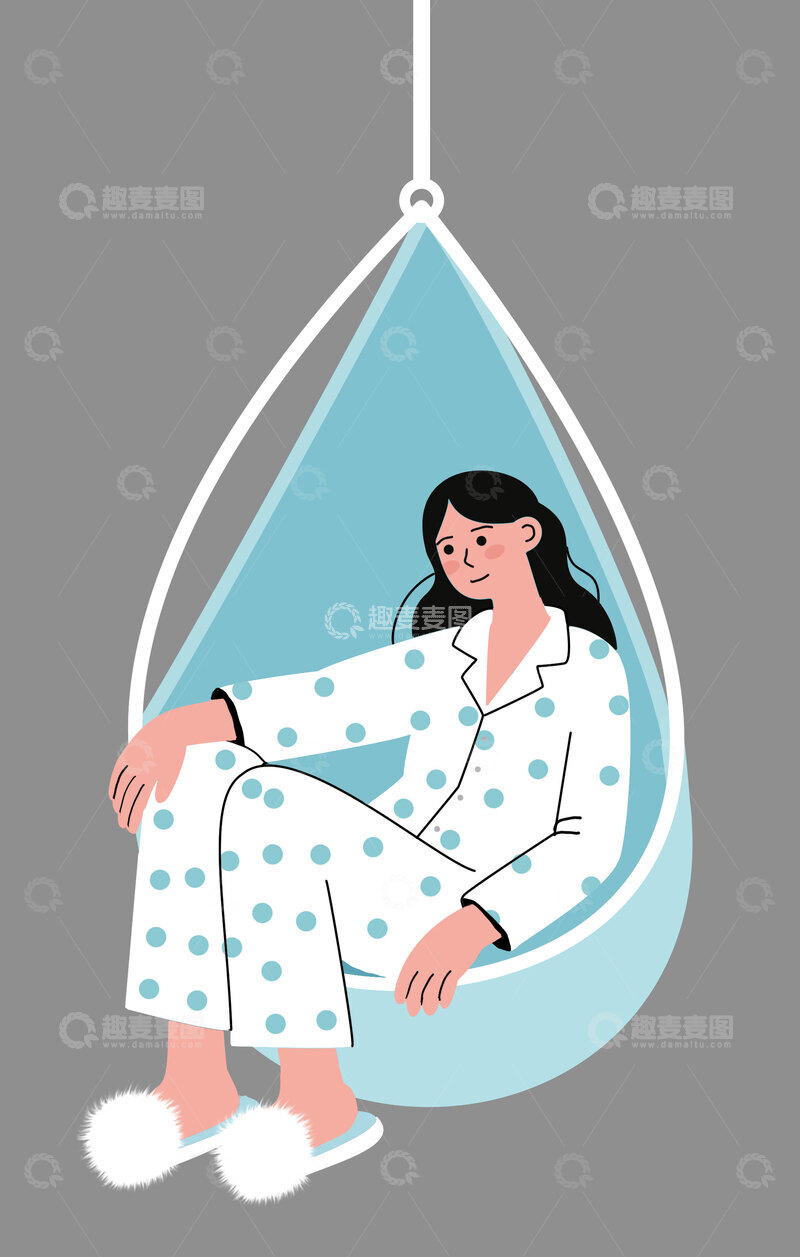 高清大图下载【趣麦麦图】睡衣女孩坐在吊篮中休息都市插画
