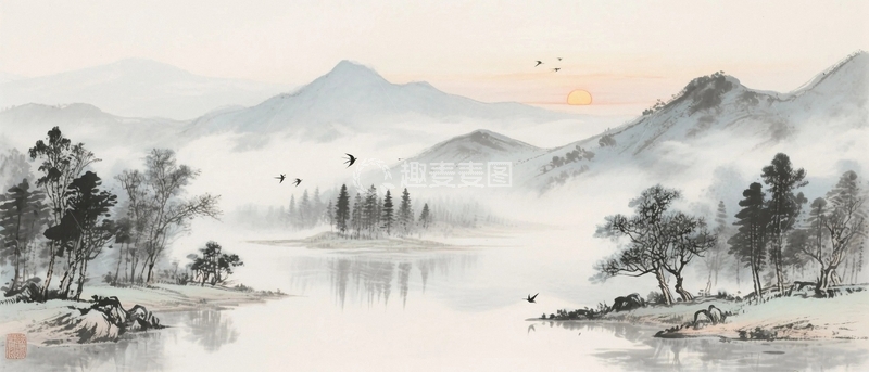 高清大图下载【趣麦麦图】水墨画国潮山水背景1