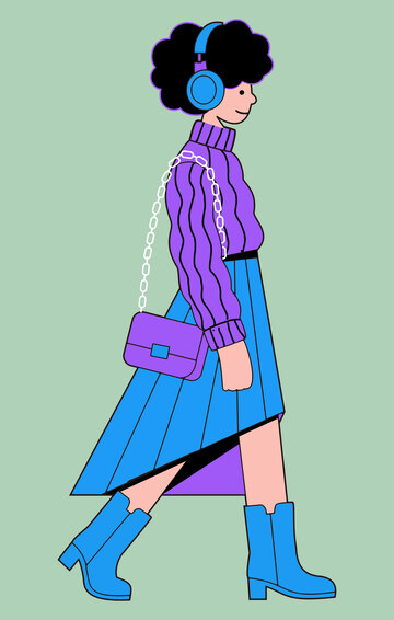 紫色毛衣卷发耳机听音乐女孩插画