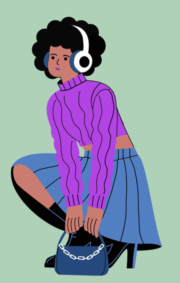 紫色毛衣卷发耳机听音乐女孩插画1