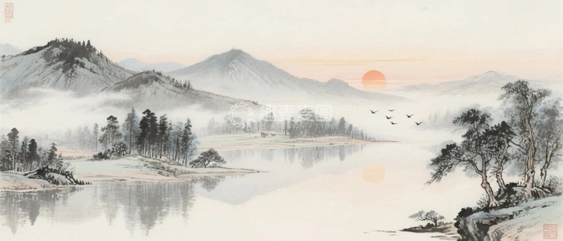 高清大图下载【趣麦麦图】水墨画国潮山水背景