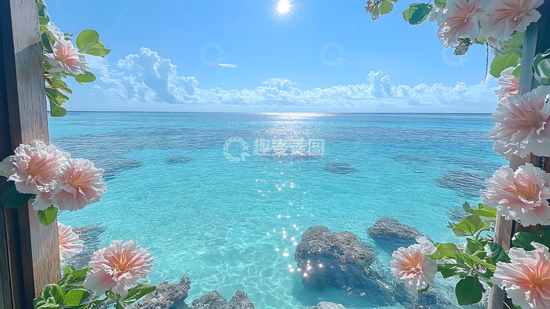 粉色花朵与蓝色大海