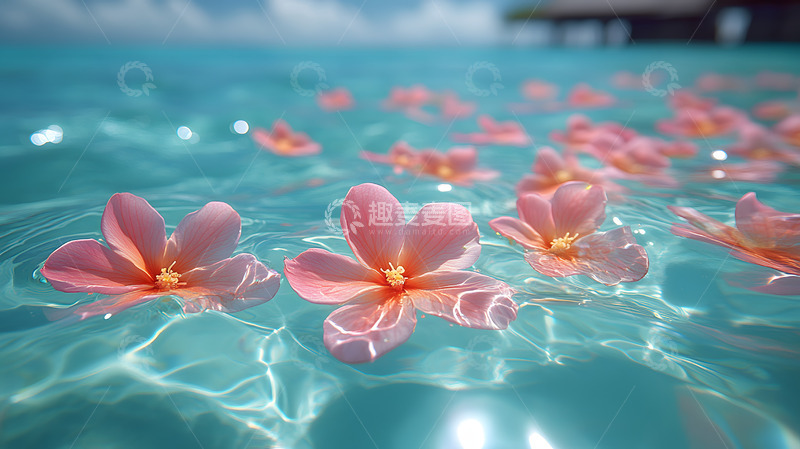 高清大图下载【趣麦麦图】飘在清澈水上的粉色花朵1