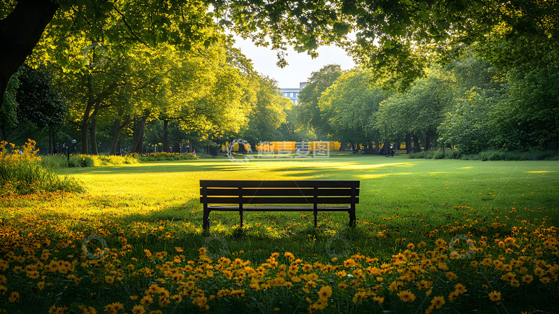 高清大图下载【趣麦麦图】公园草地上的长凳