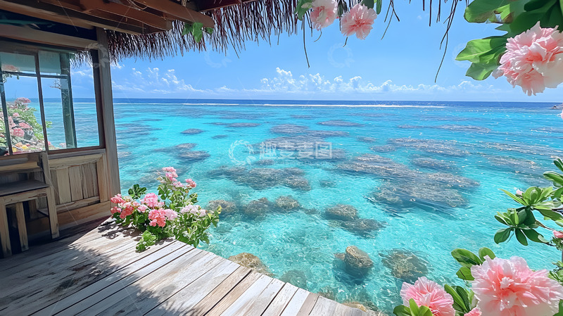粉色花朵与蓝色大海1
