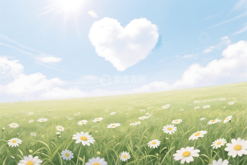 高清大图下载【趣麦麦图】白色的心云在夏日雏菊的田野上 