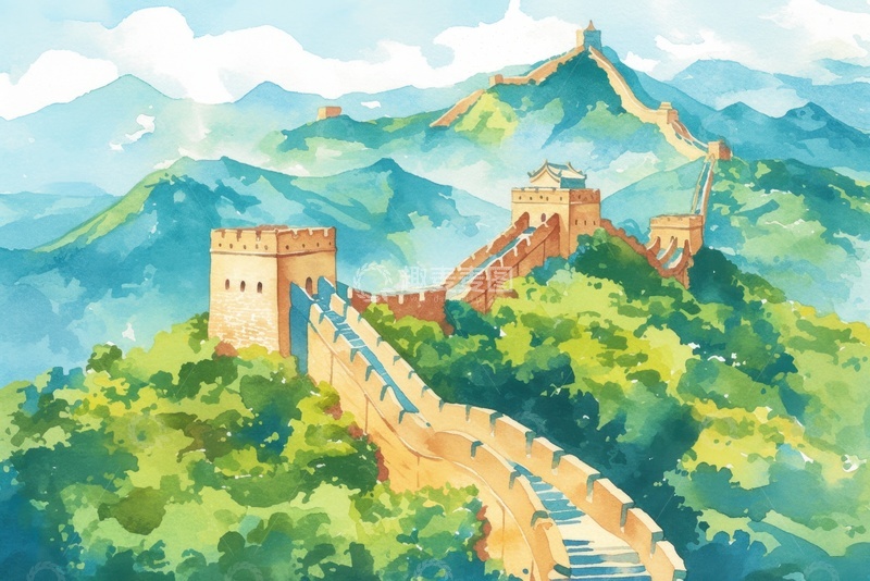 高清大图下载【趣麦麦图】手绘水彩简约长城风景