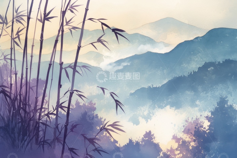 高清大图下载【趣麦麦图】水墨水彩竹子远山背景