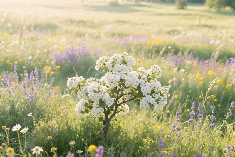 高清大图下载【趣麦麦图】粗糙的山楂花在夏季野花草地 