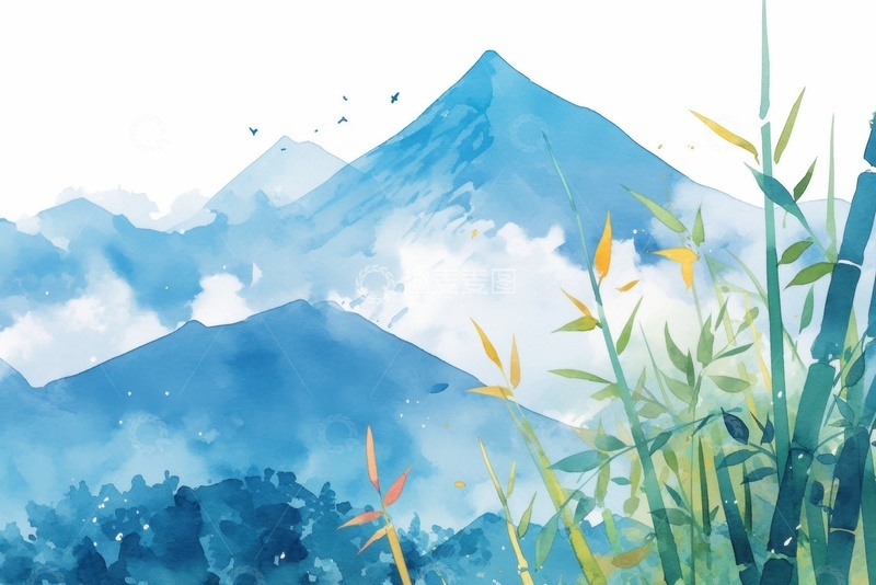 高清大图下载【趣麦麦图】手绘水彩简约远山背景