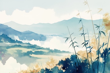 手绘水彩远山花草背景