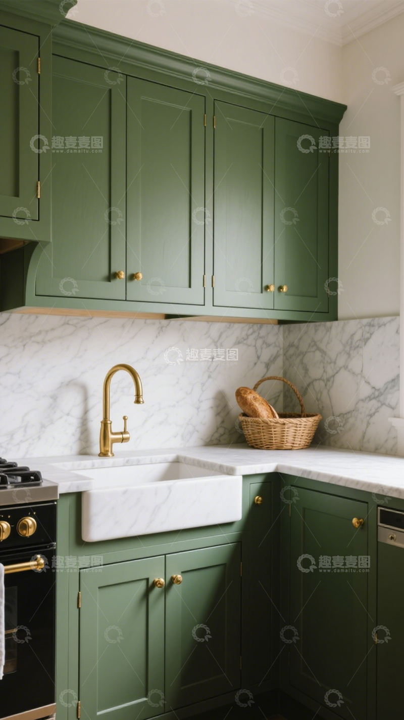 高清大图下载【趣麦麦图】美式复古墨绿色厨房2