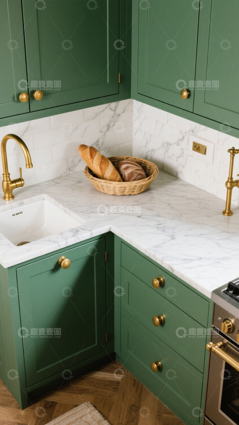 高清大图下载【趣麦麦图】美式复古墨绿色厨房3