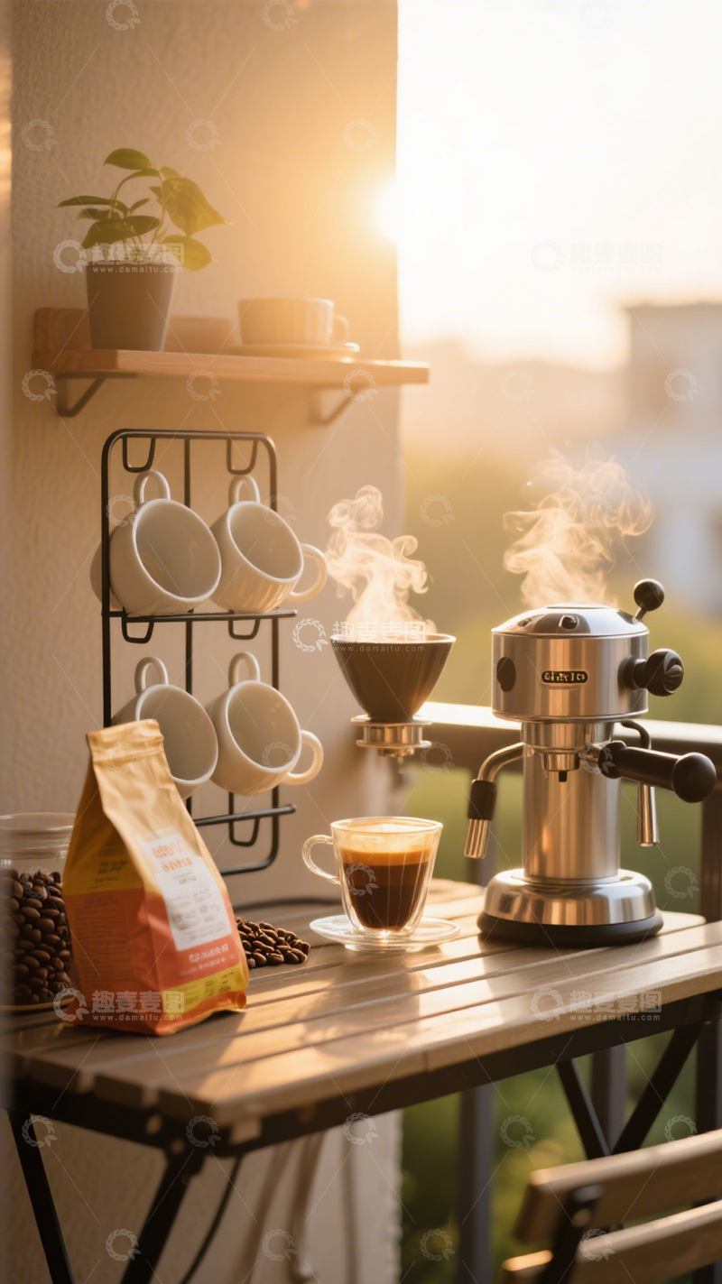 高清大图下载【趣麦麦图】落日治愈阳台咖啡角1