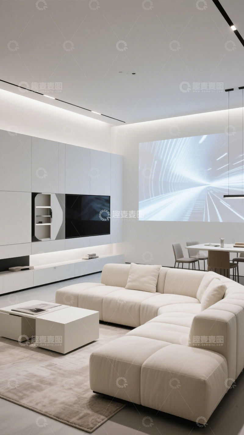 高清大图下载【趣麦麦图】简约白调悬浮屏客厅