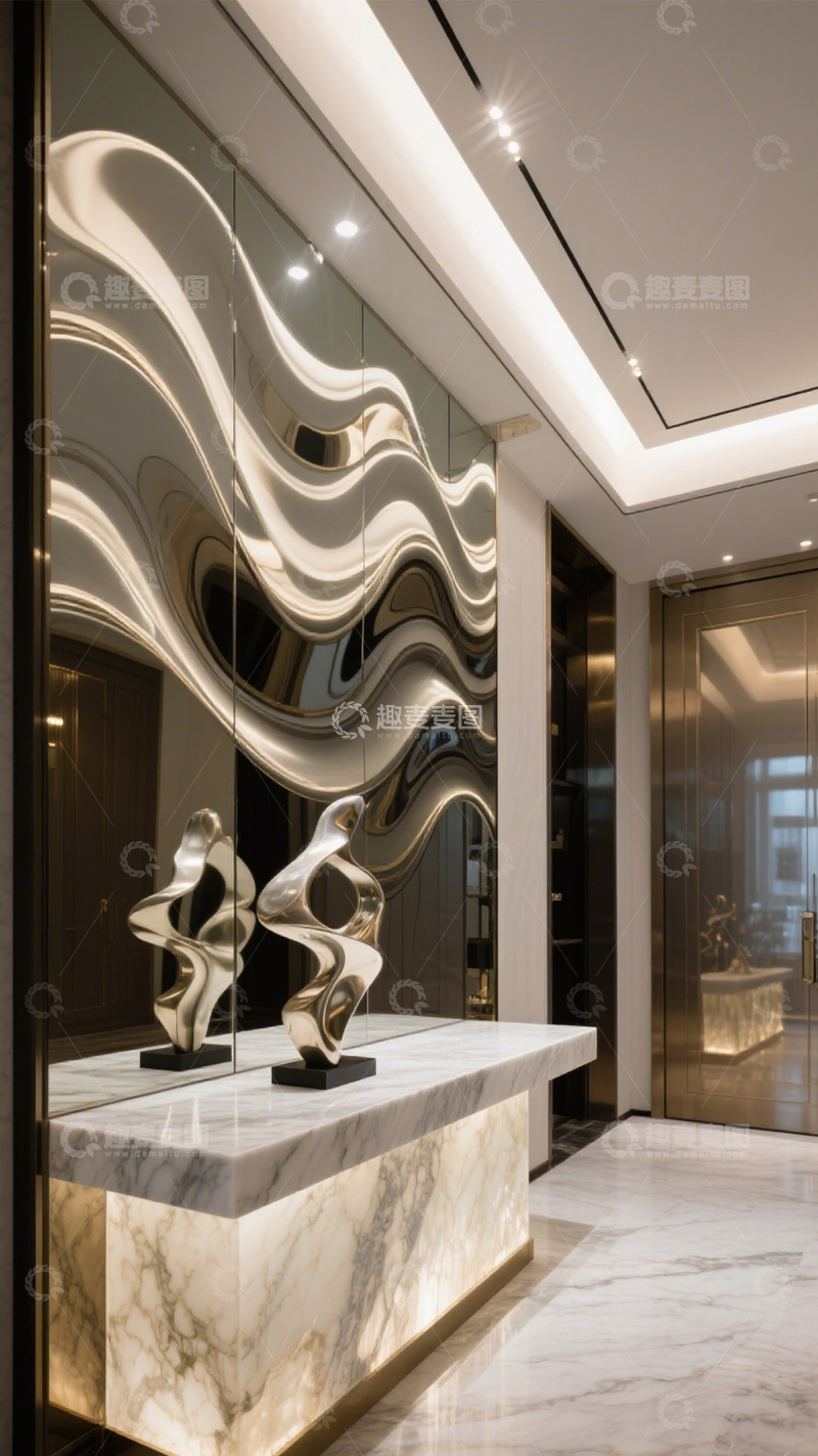 高清大图下载【趣麦麦图】艺术波浪镜面玄关1