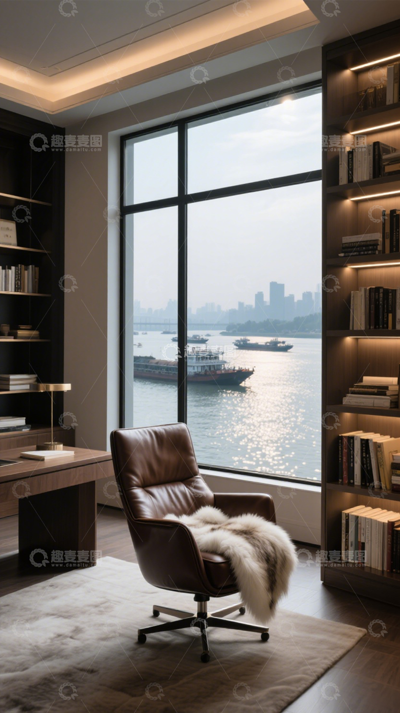 高清大图下载【趣麦麦图】湖景弧形窗静谧书房1